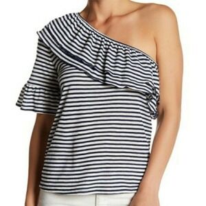 Ro + De Womens Size Medium White & Navy Blue Stripe One Shoulder Ruffle Knit Top